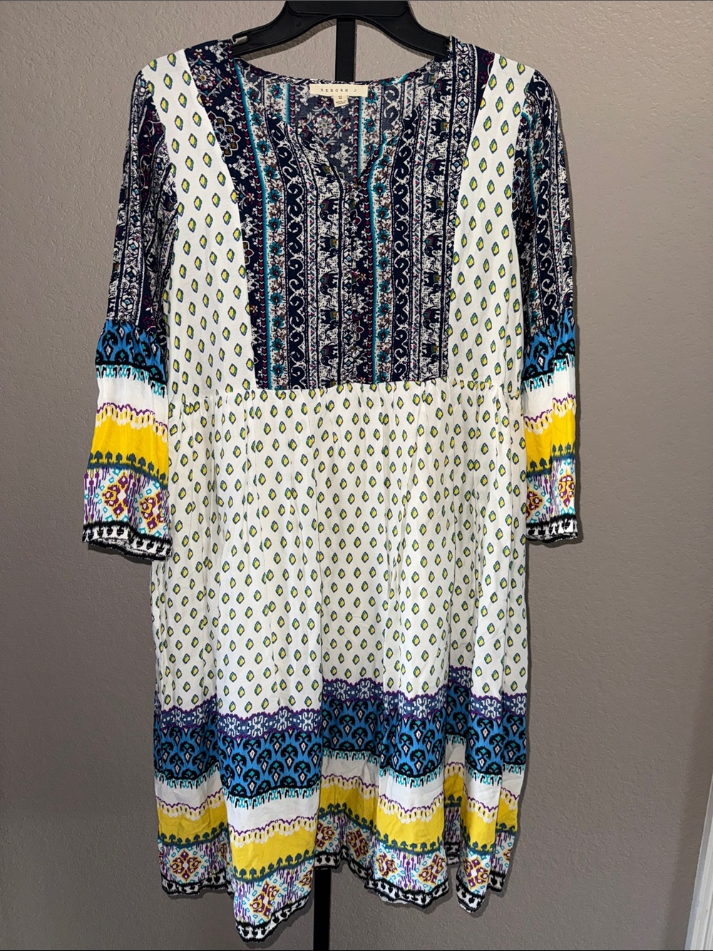 Reborn J Boho Printed Tunic Dress - White & Blue size medium